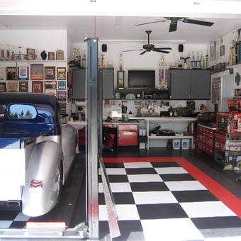 Organized Garage with Car Lift and Checkered Flooring - Ira from Upland, CA