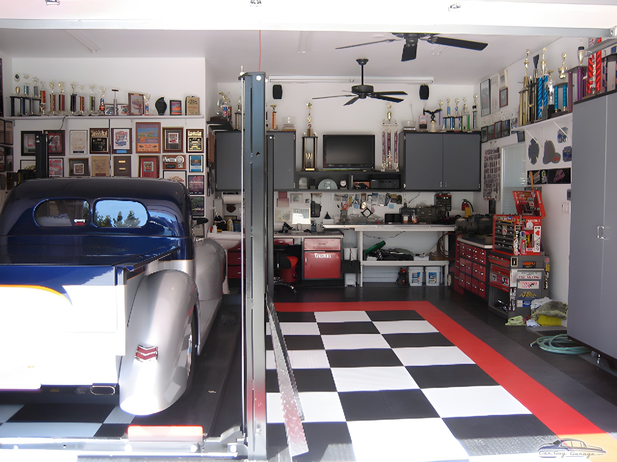 Organized Garage with Car Lift and Checkered Flooring - Ira from Upland, CA