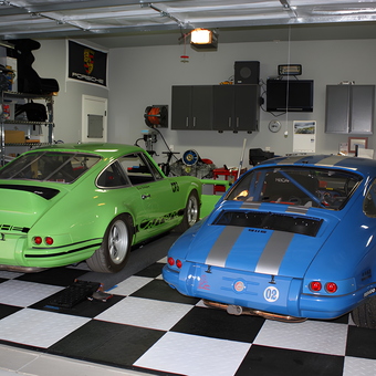 Classic Porsche Garage with Checkered Floor and Storage - Chad from Clovis, CA
