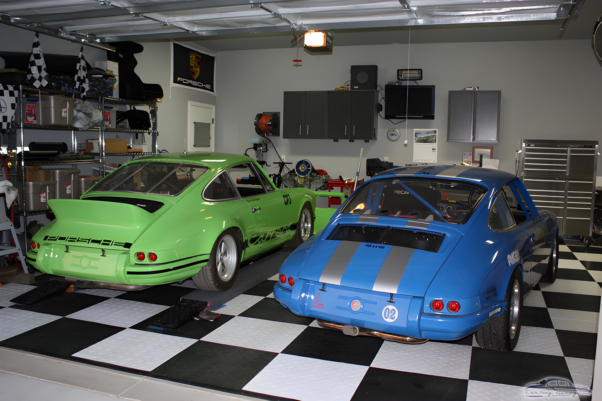Classic Porsche Garage with Checkered Floor and Storage - Chad from Clovis, CA