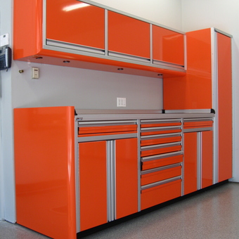 Modern Orange Aluminum Garage Cabinets and Storage - Custom Aluminum