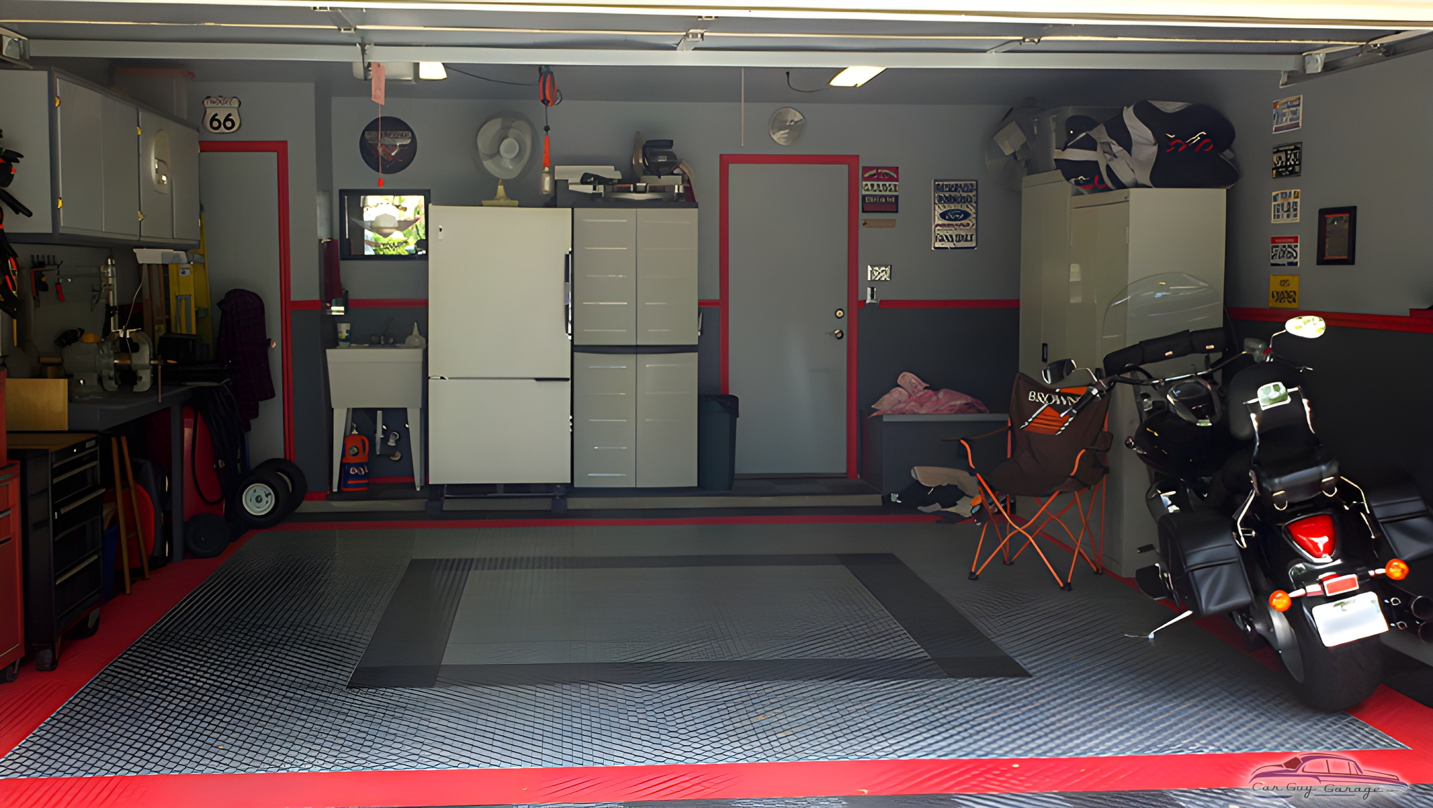 Organized garage with cabinets, flooring, and motorcycle - Jim from Austin, TX