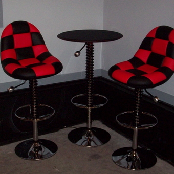 Red and Black Checkered Bar Stools with Table - Automobile Furniture