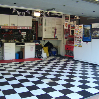Checkered Garage Flooring and Storage Cabinets - Joe's Garage from San Clemente, CA