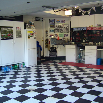 Checkerboard Garage Floor, Cabinets, and Workbench - Joe's Garage from San Clemente, CA