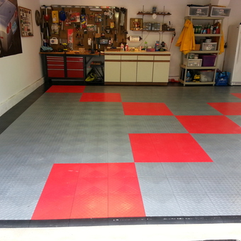 Garage with Red and Gray Tile Flooring and Organized Workbench - Larry from Old Saybrook, CT