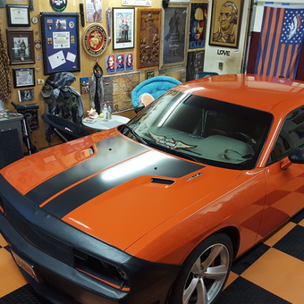 Orange Dodge Challenger, Wall Art, Flags, Checker Floor - the Willard from Fairview, Utah