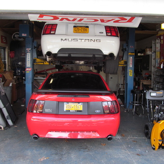 Two Ford Mustangs in Equipped Garage - howie from east yaphank, ny