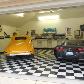 Classic and Modern Cars in Checkered Garage - d from Bensenville, IL
