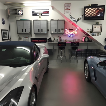 Organized Garage with Cabinets, Neon Sign, and Corvettes - Steve from Newington, NH