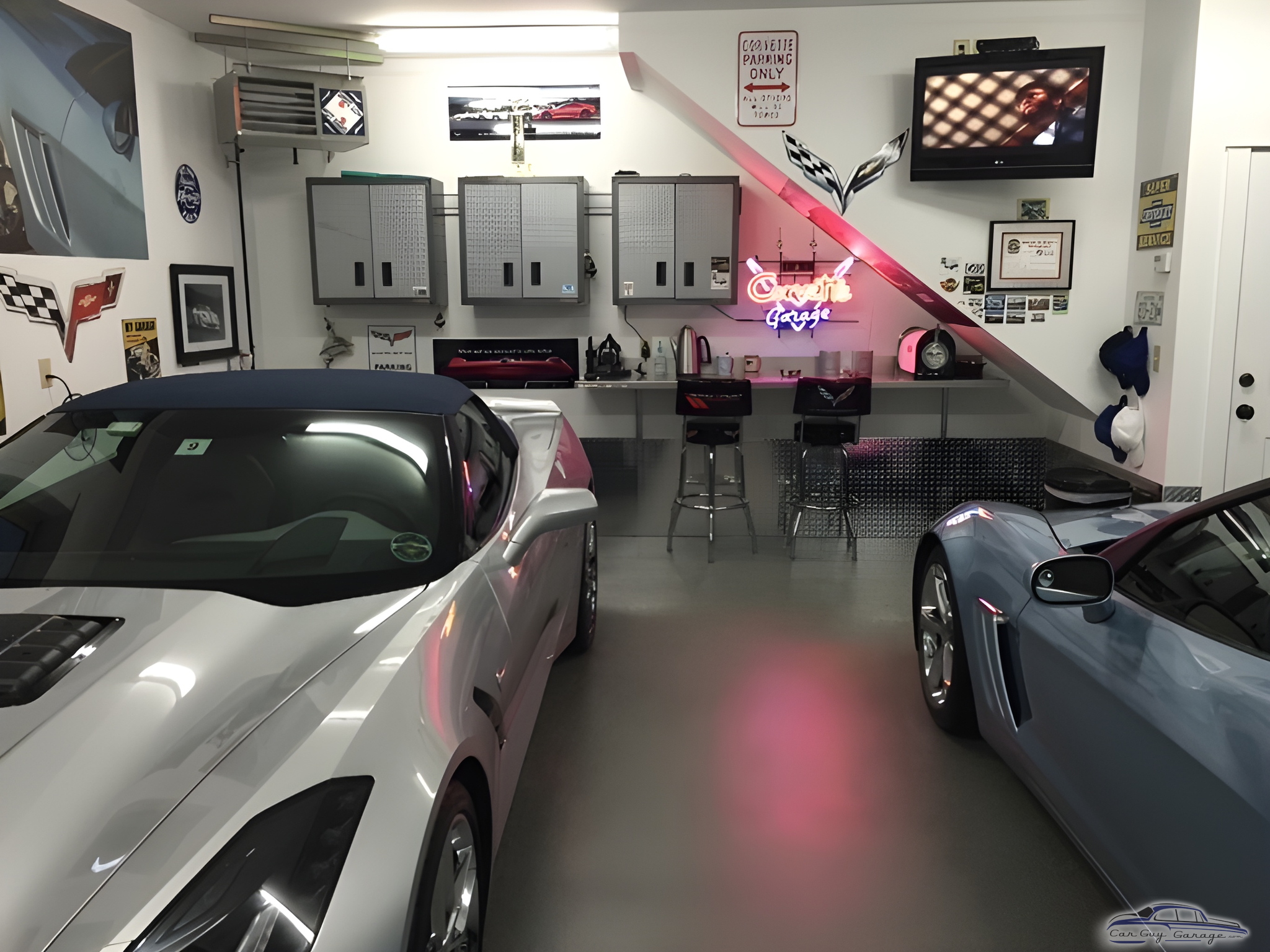Organized Garage with Cabinets, Neon Sign, and Corvettes - Steve from Newington, NH
