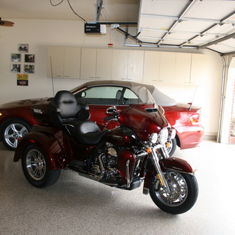 Garage with Trike Motorcycle, Convertible, Cabinets - Kevin from Tulsa, Ok