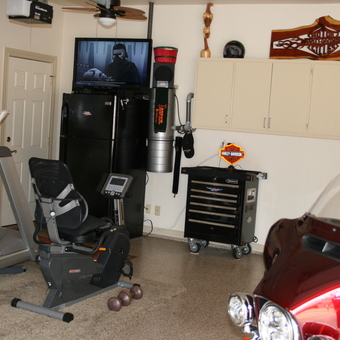 Garage Gym With Treadmill, Tool Chest, and Harley Decor - Kevin from Tulsa, Ok