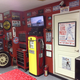Vintage Garage Decor with Gas Pump and Tool Chests - Dads MANCAVE