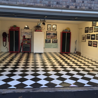 Checkered Garage Floor with Red Cabinets - Indy Man from Wetumpka, AL