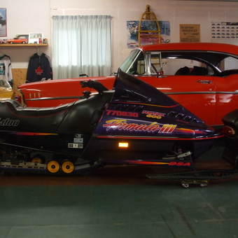 Classic Car and Ski-Doo Snowmobile Garage Display - skidoo guy from orillia, ontario