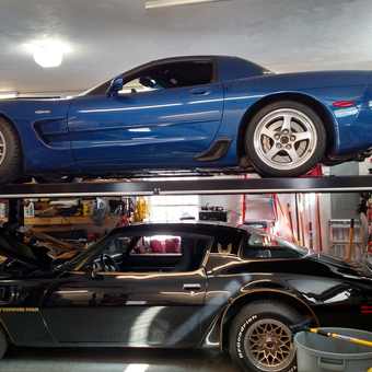 Garage Four Post Car Lift with Corvette and Trans Am - Bill from Boxford, MA