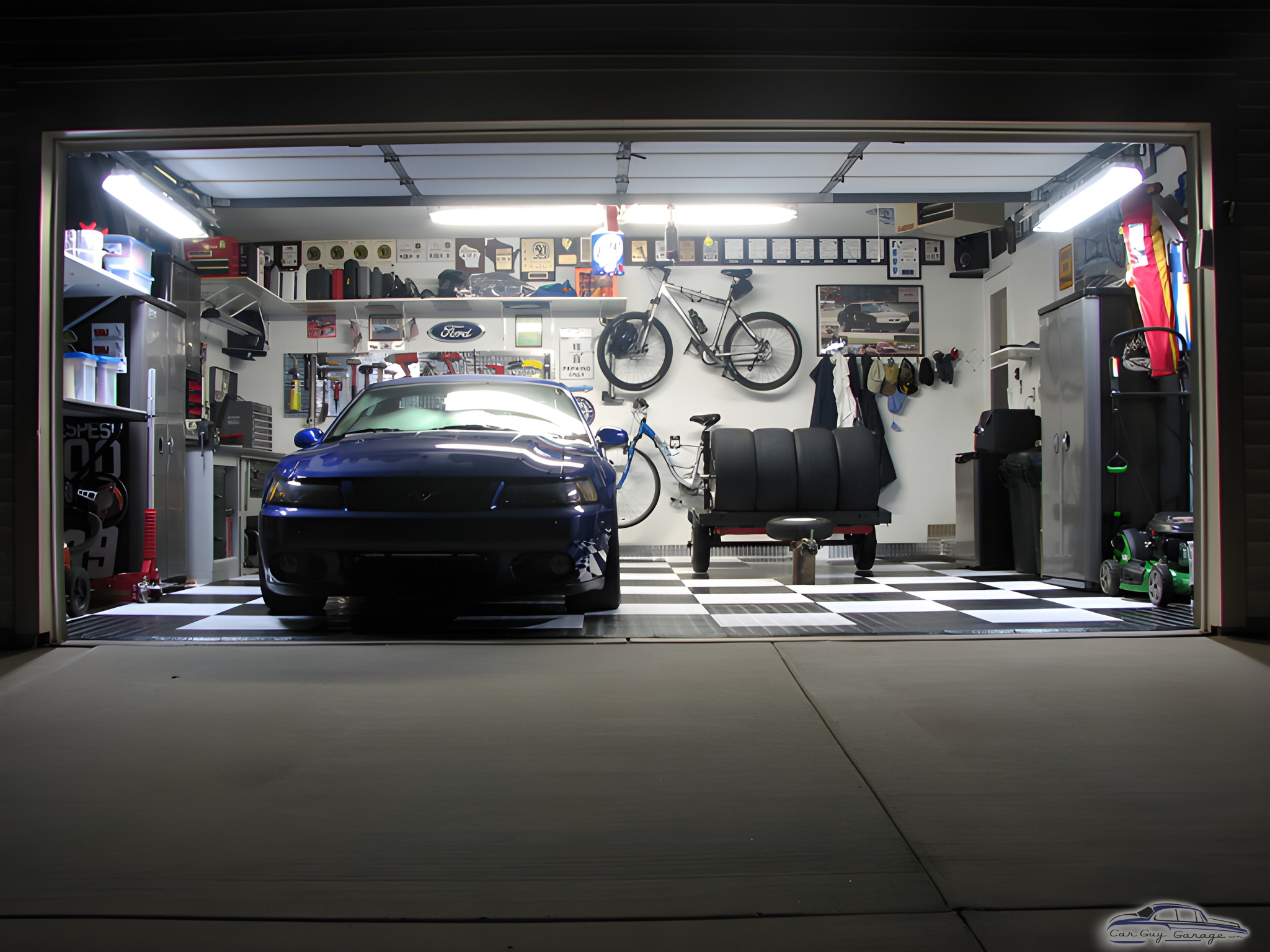 Organized garage with checkered floor tiles and wall storage - Craig from Port Washington, WI