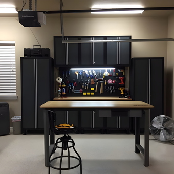 Modern garage with cabinets, workbench, and tool storage - Jay from Parker, TX