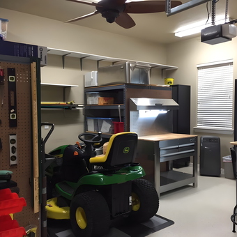 Organized garage with workbench, storage cabinets, and tools - Jay from Parker, TX