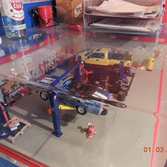 Miniature Garage Display with Car Lift and Tools - Andre Lechasseur from Pointe Calumet, Quebec