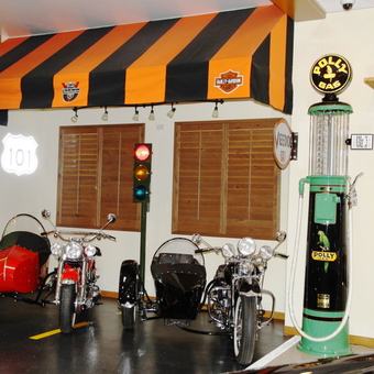 Vintage Garage with Motorcycles, Gas Pumps, and Neon Signs - George from Lake Havasu City, AZ