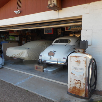 Classic Cars and Vintage Chevron Pump in Garage - Mauirebel from Mesa, Arizona