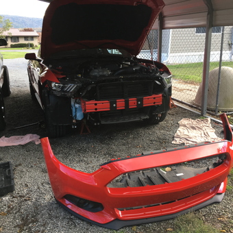 Red Mustang Front Bumper Removal in Home Garage - Slim from Brevard, NC