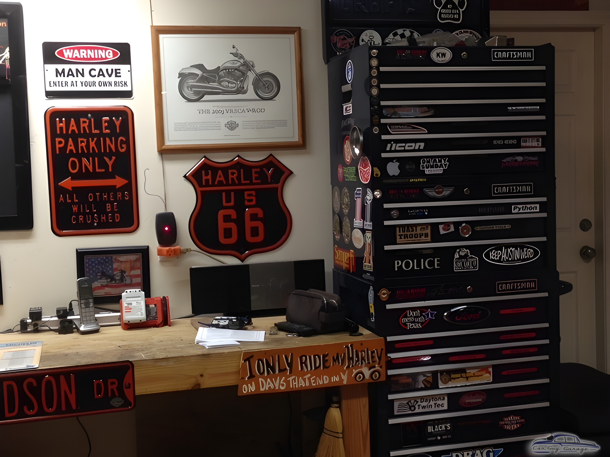 Harley Signs, Tool Chest, and Workbench in Garage - Marine LDO from Houston, TX