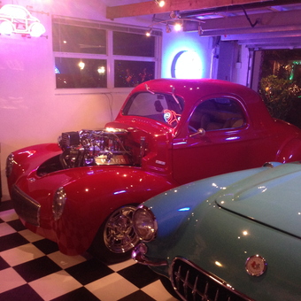 Classic Cars on Checkered Floor with Neon Garage Decor - BILL from NORTH MIAMI, FL