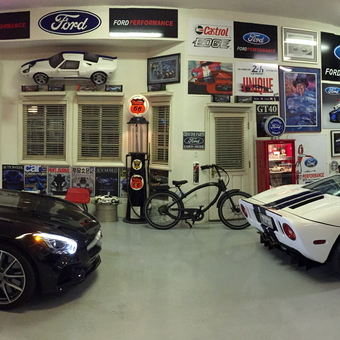 Garage With Epoxy Floor Coating, Ford Signs, Classic Cars Display