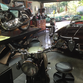 Classic Garage with Norton Motorcycle Lift and Alfa Romeo - GekRestorations from Portland, OR