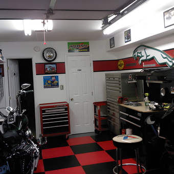 Motorcycle Garage with Tool Chests and Checkered Floor - Greg from Cumming, GA