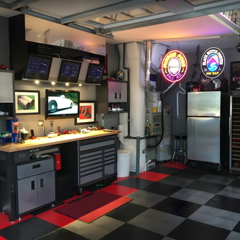 Custom garage with cabinets, workbench, neon signs, and fridge - Dave T. from PORTLAND, Oregon