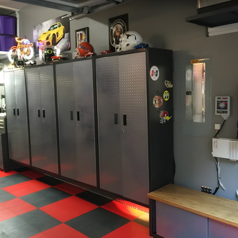 Diamond Plate Garage Cabinets and Red Tile Flooring - Dave T. from PORTLAND, Oregon