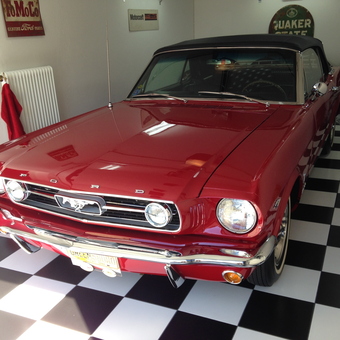 Classic Red Ford Mustang in Checkered Floor Garage - Anders from Stockholm