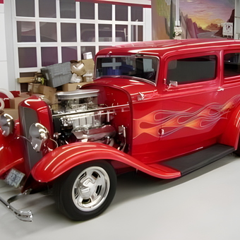 Classic Red Hot Rod with Flames in Garage - Robert from Campbell River, BC