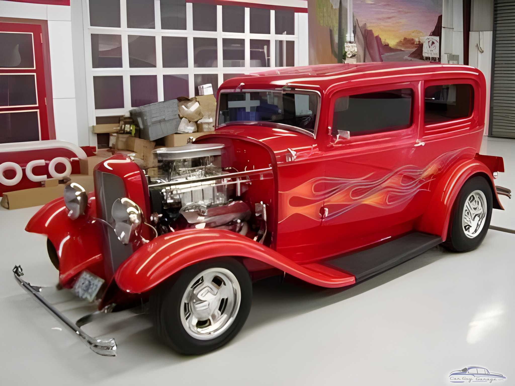 Classic Red Hot Rod with Flames in Garage - Robert from Campbell River, BC