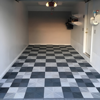 Checkered Garage Floor Tiles and Wall Shelves - Hank's Garage from Dumont, New Jersey