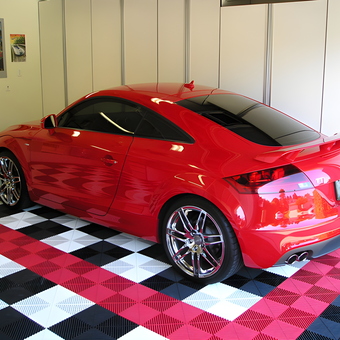 Red sports car with checkered garage floor tiles - John from Elk Grove, CA