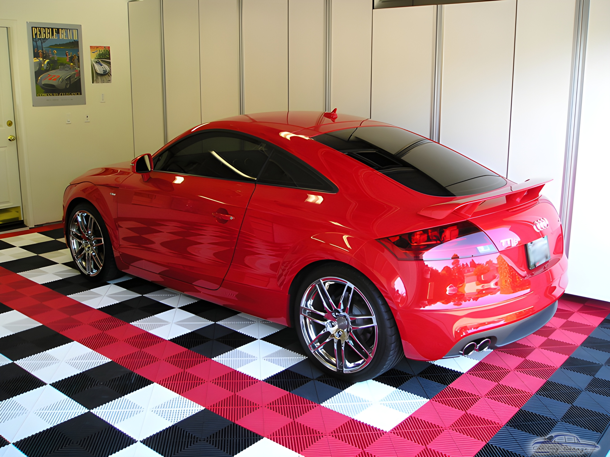 Red sports car with checkered garage floor tiles - John from Elk Grove, CA
