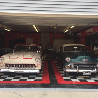 Classic Cars on Checkered Flooring in Custom Garage - BlueLodgeMason from Prior Lake, MN