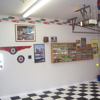 Classic Car Decor and Diecast Display in Checkered Garage - TomM from Palmyra, PA