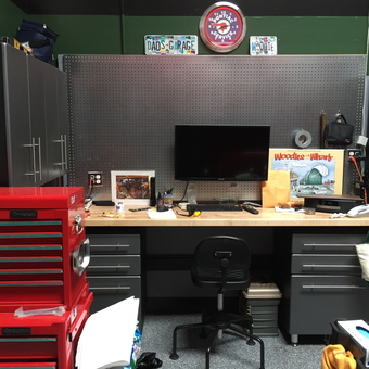 Garage workstation with tool chest, cabinets, and pegboard - Roger from Balboa Island, CA