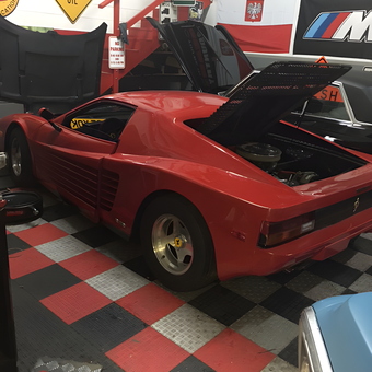 Red Ferrari in Checkered Garage with Vintage Signs - Jack from Arlington hts, il