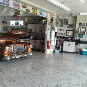 Classic car garage with vintage signs and bar stools - Glen from St. Albert, Alberta