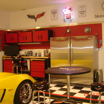 Red Garage Cabinets, Stainless Fridge, Bar Stools and Car - Joe from Ft. Worth, TX