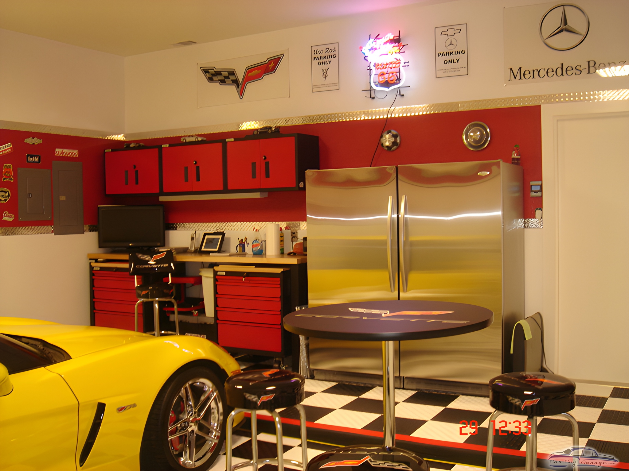 Red Garage Cabinets, Stainless Fridge, Bar Stools and Car - Joe from Ft. Worth, TX