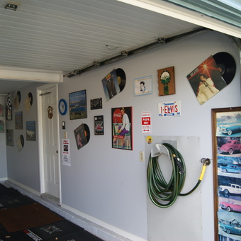 Garage Wall Decor With Elvis Records and Car Art - Guy from Kitchener, Ontario
