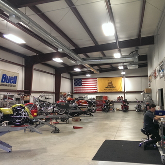 Motorcycle Shop With Lifts, Toolboxes, and Wall Banners - Kevin Baxter from Lawrenceville, Georgia